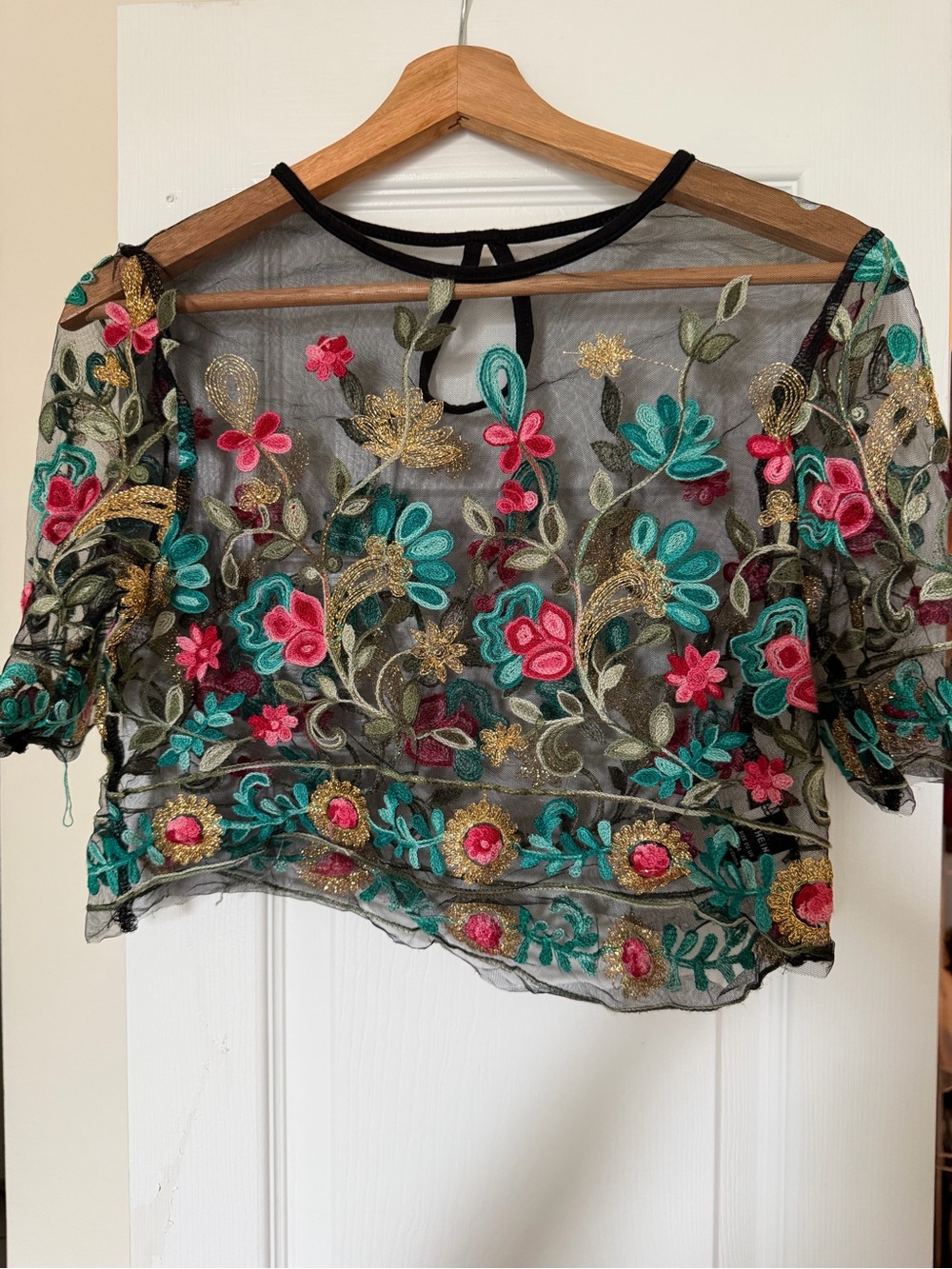 Embellished Floral Mesh Crop Top in Black with Teal & Pink Embroidery